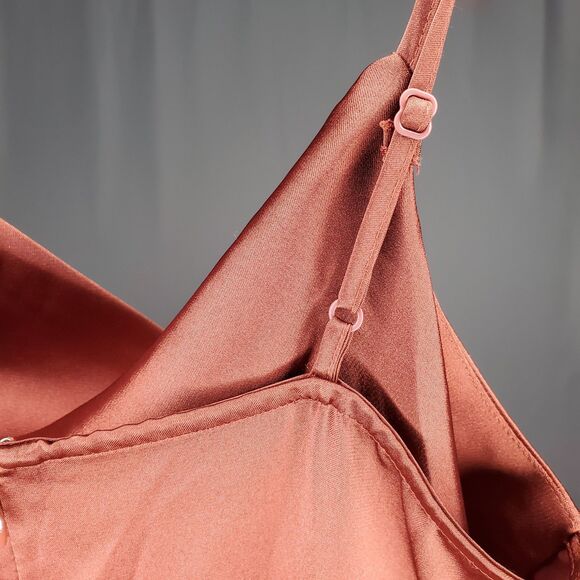 Express Wide Leg Jumpsuit Small Sleeveless Cowl Maroon Bronze Satin Shiny NYE - Picture 4 of 11